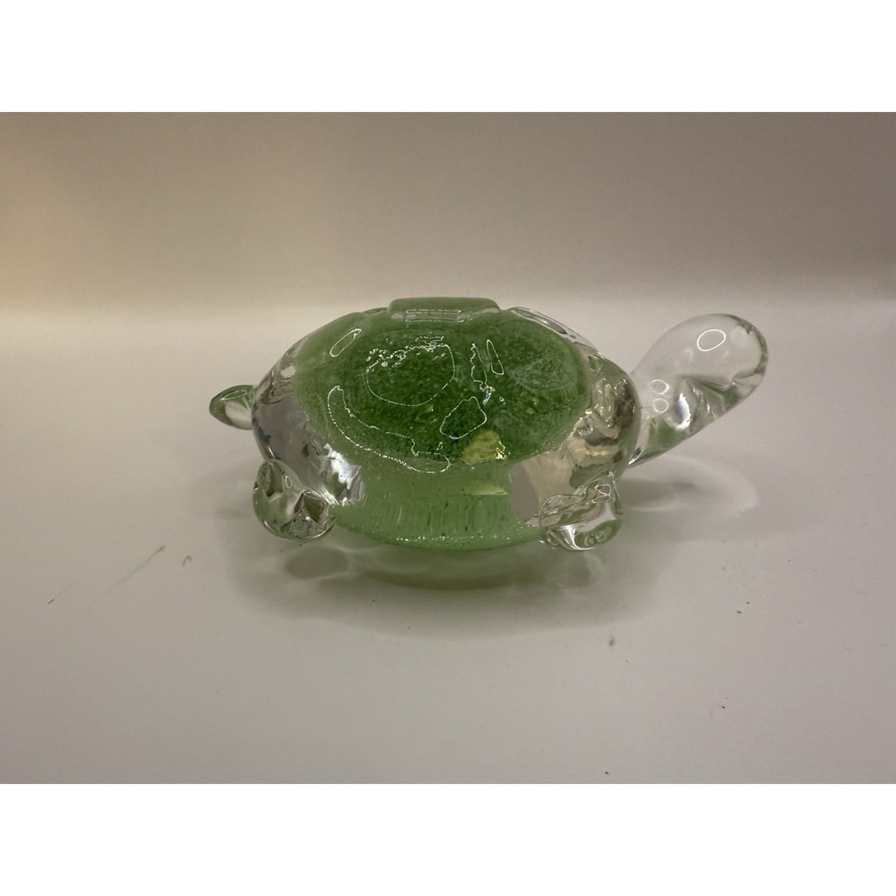 Vintage Glass Turtle Figurine Green Clear Made in Taiwan 5" Long